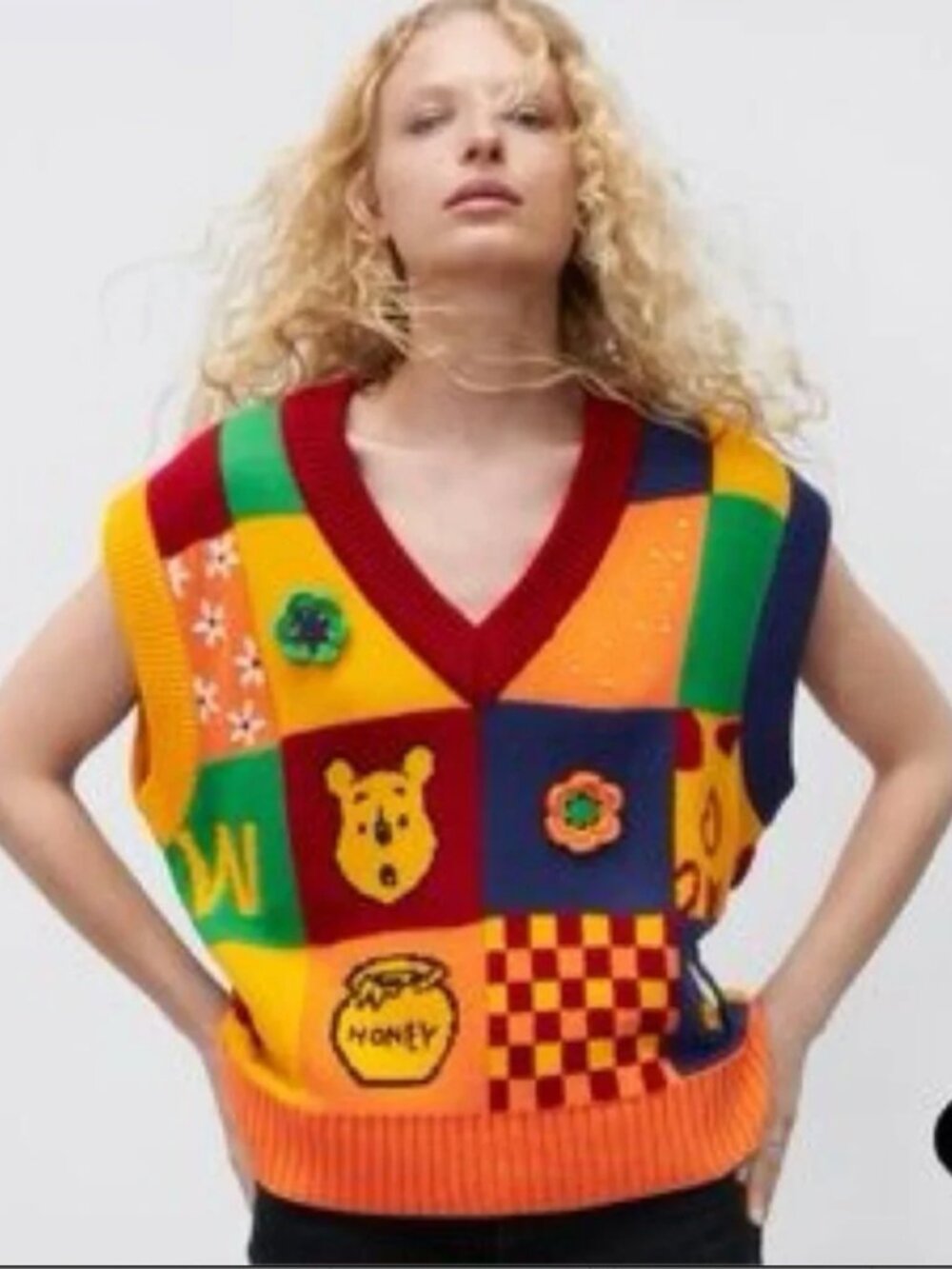 Zara Winnie The Pooh Sweater Vest Oversized Patchwork Limited Edition Size Small